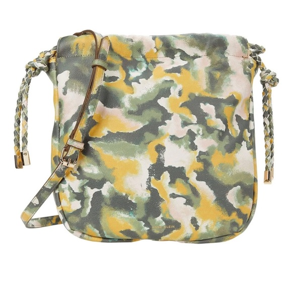 Anne Klein Scrunchie Crossbody Soft Yellow Sage Blush Abstract Print Bag - Picture 1 of 14